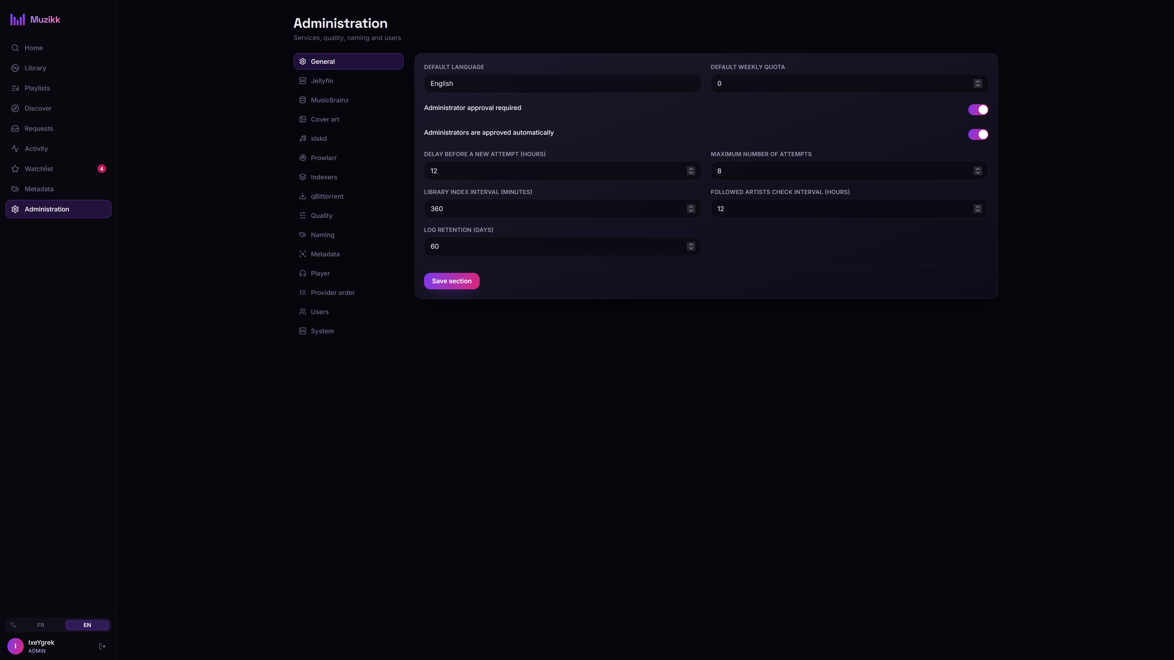 Administration: fifteen sections, each with its own connection test.